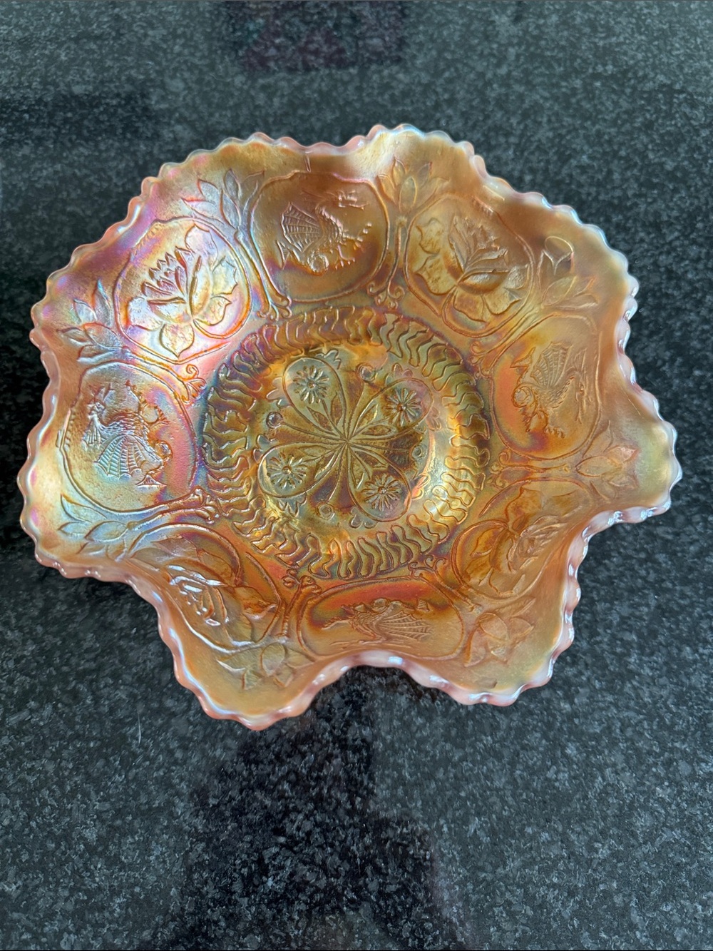 Antique Fenton Dragon & Lotus Marigold Carnival Glass Footed Bowl, c. 1920